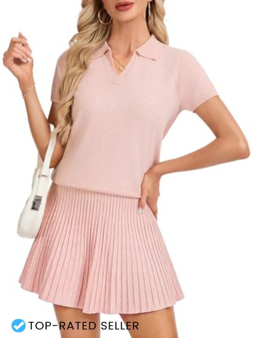 Womens 2 Piece Sweater Skirt Set V-Neck Short Sleeve Knit Top Pleated Mini Skirt